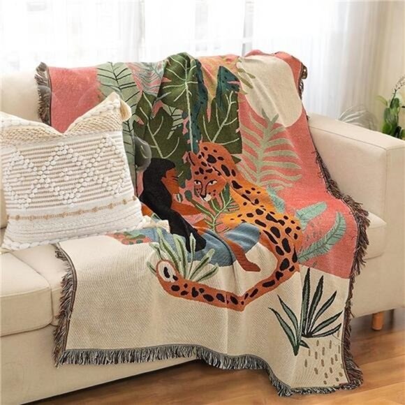 New AnthroBoho Jungle Tiger Tassel Throw Blanket Bedspread Quilt - 63" x 51"